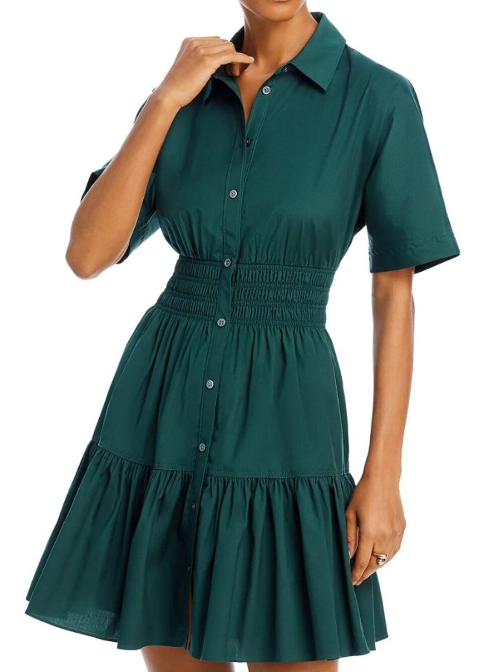 Veronica Beard Greta Tiered Cotton Poplin Shirt Dress in Forest Sz 6